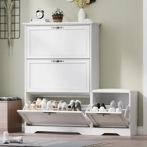 Entryway Shoe Cabinet with Bench, Hidden Storage and Adjustable Shelves, Wooden Shoe Rack and Organizer for Hallway, Mudroom, Closet, Small Apartment