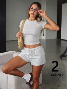 2-Piece Women's Slim-Fitting Short Sleeve T-Shirt and Shorts Matching Set, Casual Street Style for Spring & Summer, Soft Knit Fashion