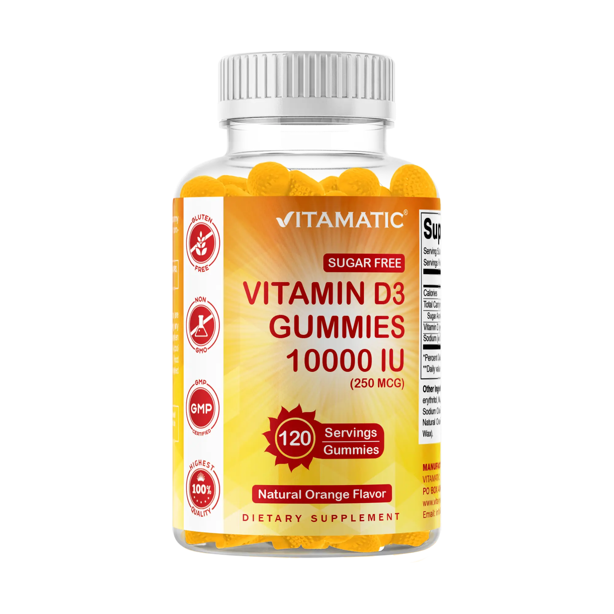 Vitamatic Sugar-Free Natural US Dietary Gluten-Free Chewable Vitamin D3 10000 IU Healthcare Pectin Gummies - 120 Count, Orange Flavor, Non-GMO, Supports Healthy Bones & Immune Function, Adult Nutrition Supplements