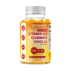 Vitamatic Sugar-Free Natural US Dietary Gluten-Free Chewable Vitamin D3 10000 IU - 120 Pectin-Based Gummies - Great Taste - Supports Healthy Bones, Immune Function - Non-GMO - 120 Servings, Orange, Nutrition Vitamins Supplements, Adults