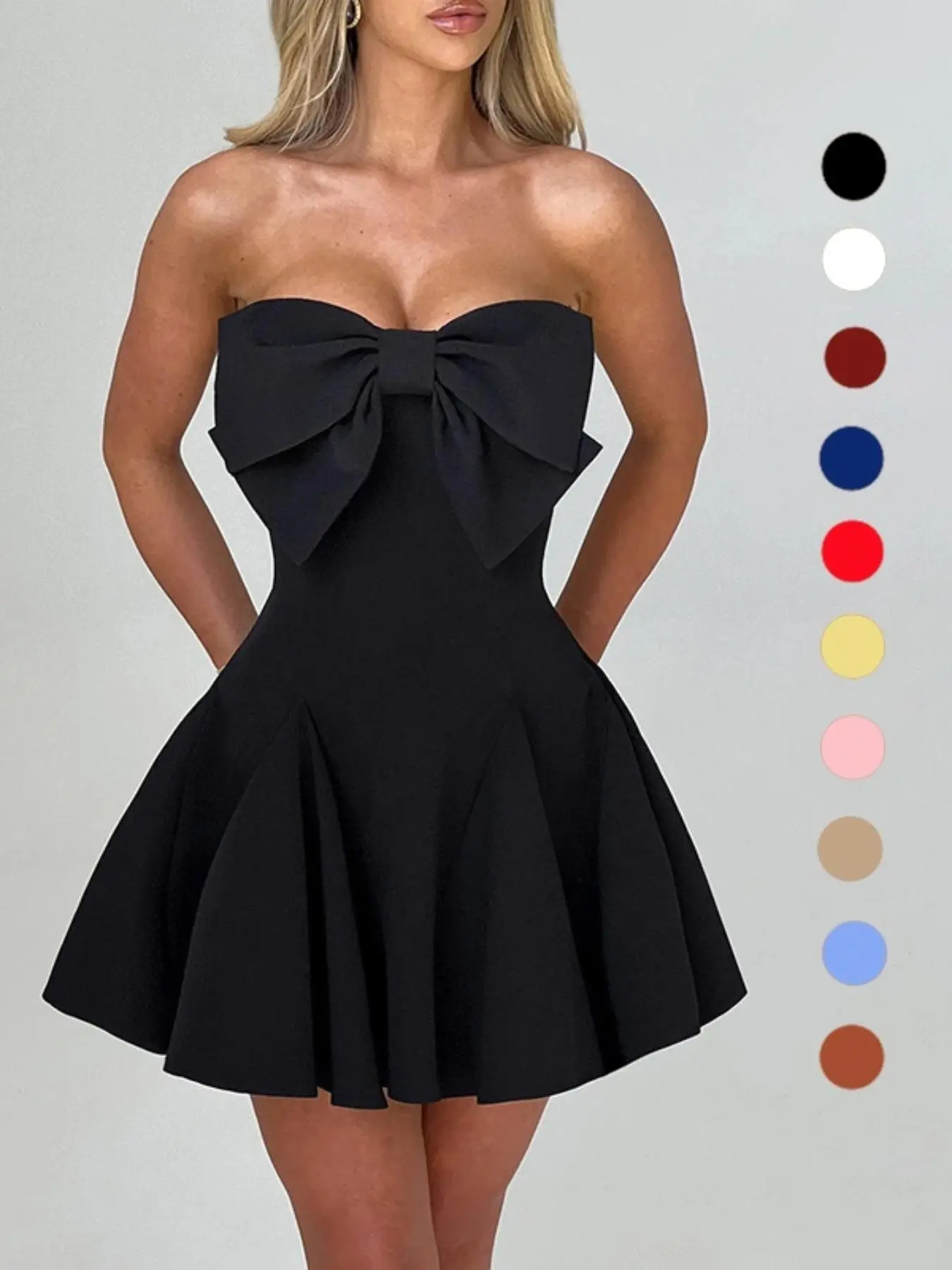 Women's Bow Decor Backless Tube Dress, Elegant Fashion Casual Strapless Fit and Flare Dress for Daily Outdoor Wear, Party Wear, Strapless Dress, Women Dress for Spring Fall, Holiday Dresses, Summer Dresses