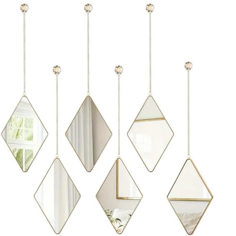 Local shipping 6 Pcs Diamond Wall Mirror With Chain Hanging Mirror Set With Diamond Handle Frame Decorative Chain Mirror For Home Entryways Living Room Bathroom Farmhouse Wall Decor (Gold)