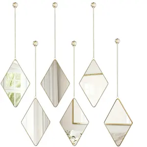 Local shipping 6 Pcs Diamond Wall Mirror With Chain Hanging Mirror Set With Diamond Handle Frame Decorative Chain Mirror For Home Entryways Living Room Bathroom Farmhouse Wall Decor (Gold)