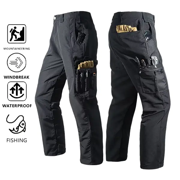 Men’s multi-pocket waterproof tactical pants — abrasion-resistant, windproof straight-leg cargo pants for outdoor hiking and fishing; functional commuter combat pants