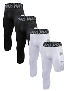 4 Pack Men's One Leg 3/4 Compression Pants Basketball & Running Tights Gym Workout Base Layer Bottoms