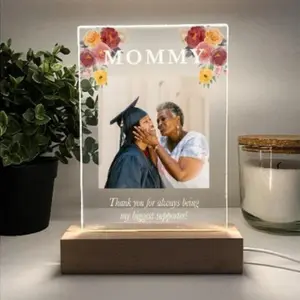 Custom Wood Photo Display Stand – Personalized Flower Picture Stand, Engraved Wooden Base, Table Display for Gifts, Décor, or Memorial