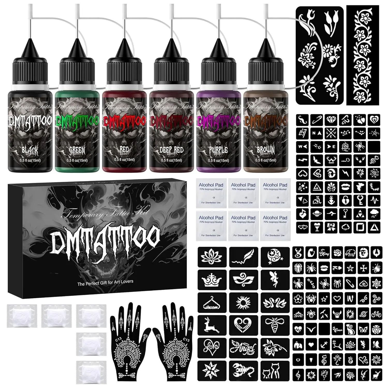 Temporary Tattoo Kit, 6 or 12 Bottles Tattoo Ink, 13 Child Tattoo Templates, Safe Fake Tattoos, Blue, Tattoo Set, Tattoo Supplies