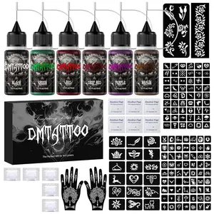 Temporary Tattoo Kit, 6 or 12 Bottles Tattoo Ink, 13 Child Tattoo Templates, Safe Fake Tattoos, Blue