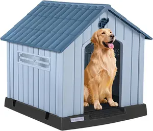 LEMBERI Durable Waterproof Plastic Dog House for Small to Midium Sized Dogs, Indoor Outdoor Doghouse with Air Vents and Elevated Floor, Easy to Assemble (Gray, 33.5" L x 31.5" W x 33.9" H)