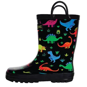 Fossil Friends Rain Boot - Colorful Dinosaur Design, Black Color, Suitable for Outdoor Activities, Ideal for Rainy Weather