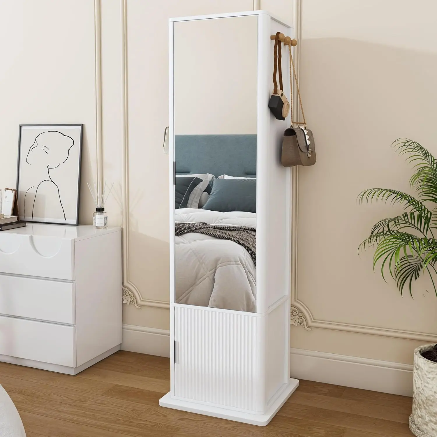 360° Rotating Storage Cabinet with Full-Length Mirror, 6-Shelf Rotating Tower with Hooks for Entryway, Bathroom Organization (White) - mirrors full length