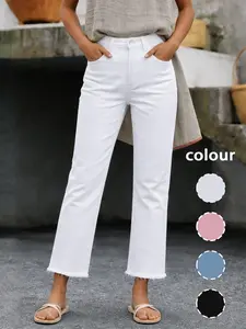Women's Spring & Fall Slim-Fitting High Waist Denim Jeans Bottom, Casual Button Fly Pockets Design, Long Regular Fit, Versatile Commuter Pants