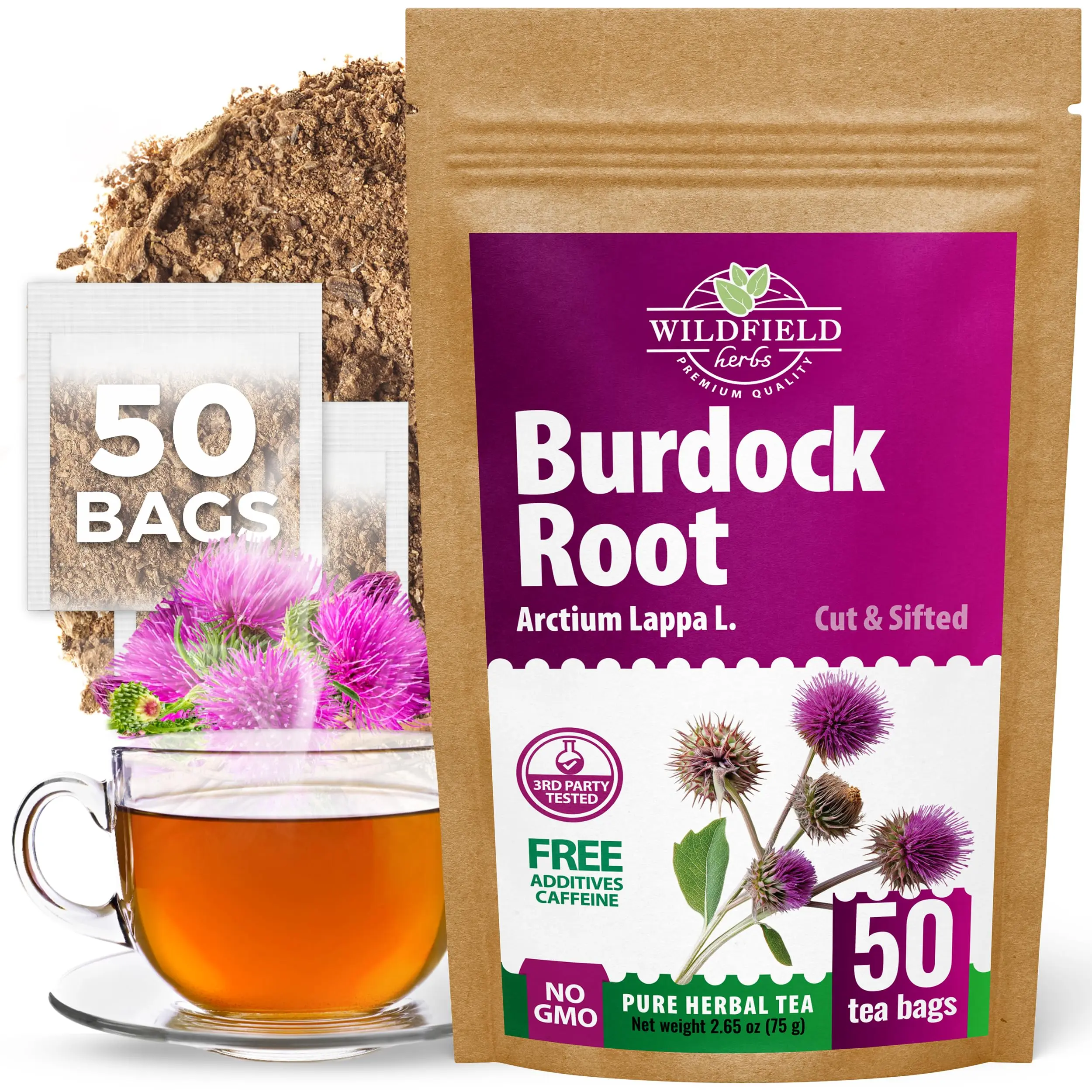 Wildfield Herbs 50 Bags Burdock Root Tea Herb Dried Burdock Root Tea Herb (Arctium Lappa Root) - 50 Count 1.5g Bags Bardana