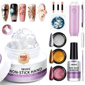 XIFEPFR All-in-1 Solid Builder Gel & Nail Glue Remover Kit Non-Sticky Clear 3D Gel for Nail Carving Emboss Fast Extension Sequins Chrome Powder DIY Salon Home