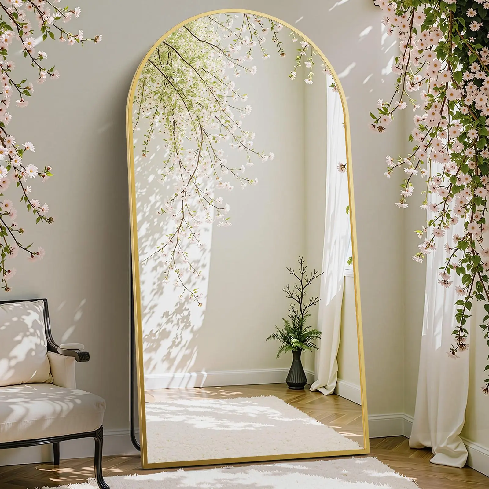Gold Arch Full-Length Floor Standing Mirror - Aluminum Alloy Thin Frame, Included Stand, Full Body Glass, Multipurpose Decorative Rectangle Mirror for Living Room, Wall Decor, Home Gym, with Hanging Option