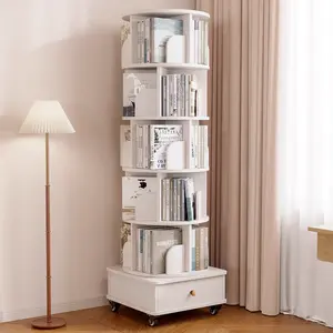 Rotating Bookshelf with Drawer, 360 Display 6 Tier Corner Bookshelf for Small Space, Floor Standing Bookcase Storage Rack, Wood Narrow Book Shelf Organizer for Bedroom, Living Room (WHITE)