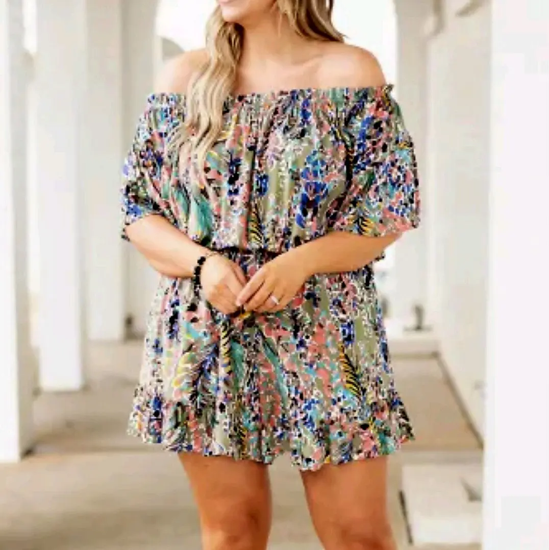 Women Plus Size Multi Color Off Shoulder Short Sleeve Floral Romper