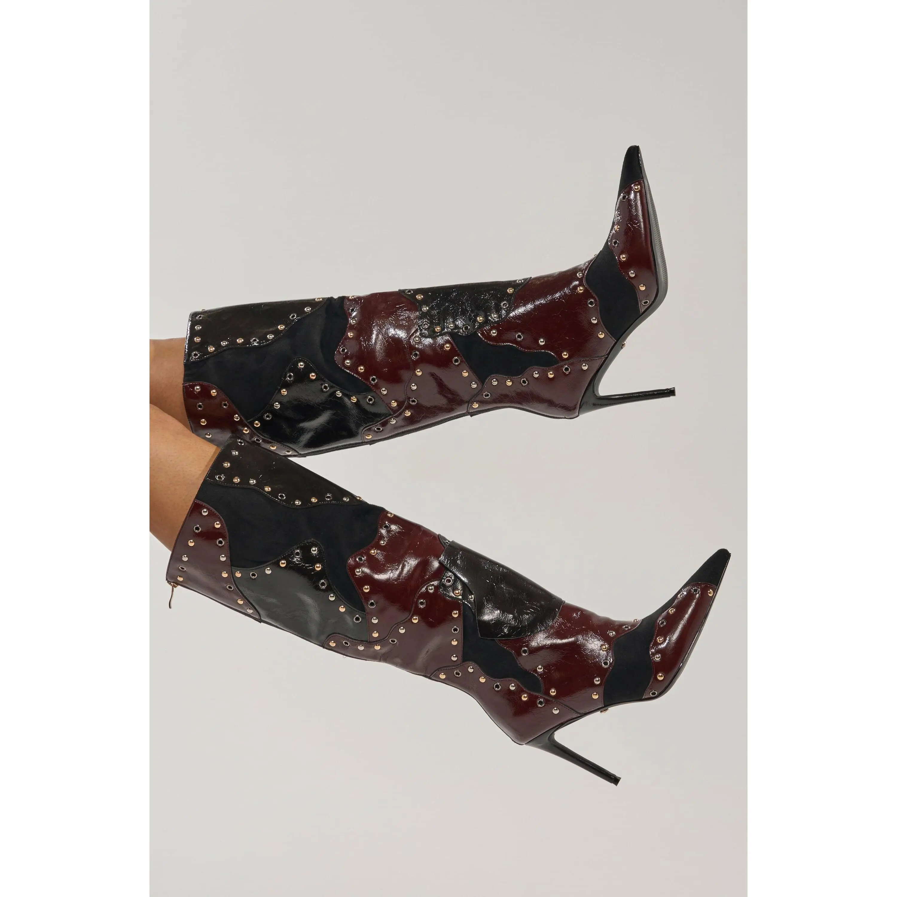 AKIRA GOLD ENYAE MAHOGANY MULTI PATCHWORK STILETTO BOOT