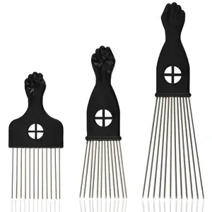 3-Piece Stainless Steel Afro Pick Set, Fist-Design Anti-Static Handle Tool for Natural Curls, Dry Hair, Frizz Guard & Tangle-Free Styling for Men, All Hair Types