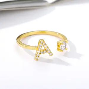 Zircon A~Z letter engagement ring golden ladies creative finger adjustable open wedding gift jewelry accessories for girlfriend
