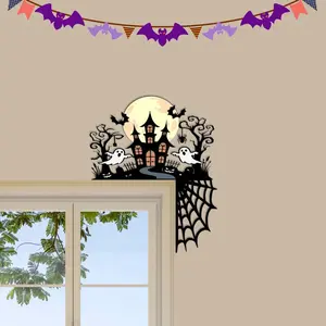 Haunted House Halloween Metal Door Corner, Spider Web Ghosts and Bats Door Hanger, Metal Door Sign, Door Topper Halloween Gift, Home Decor Ornaments Decoration