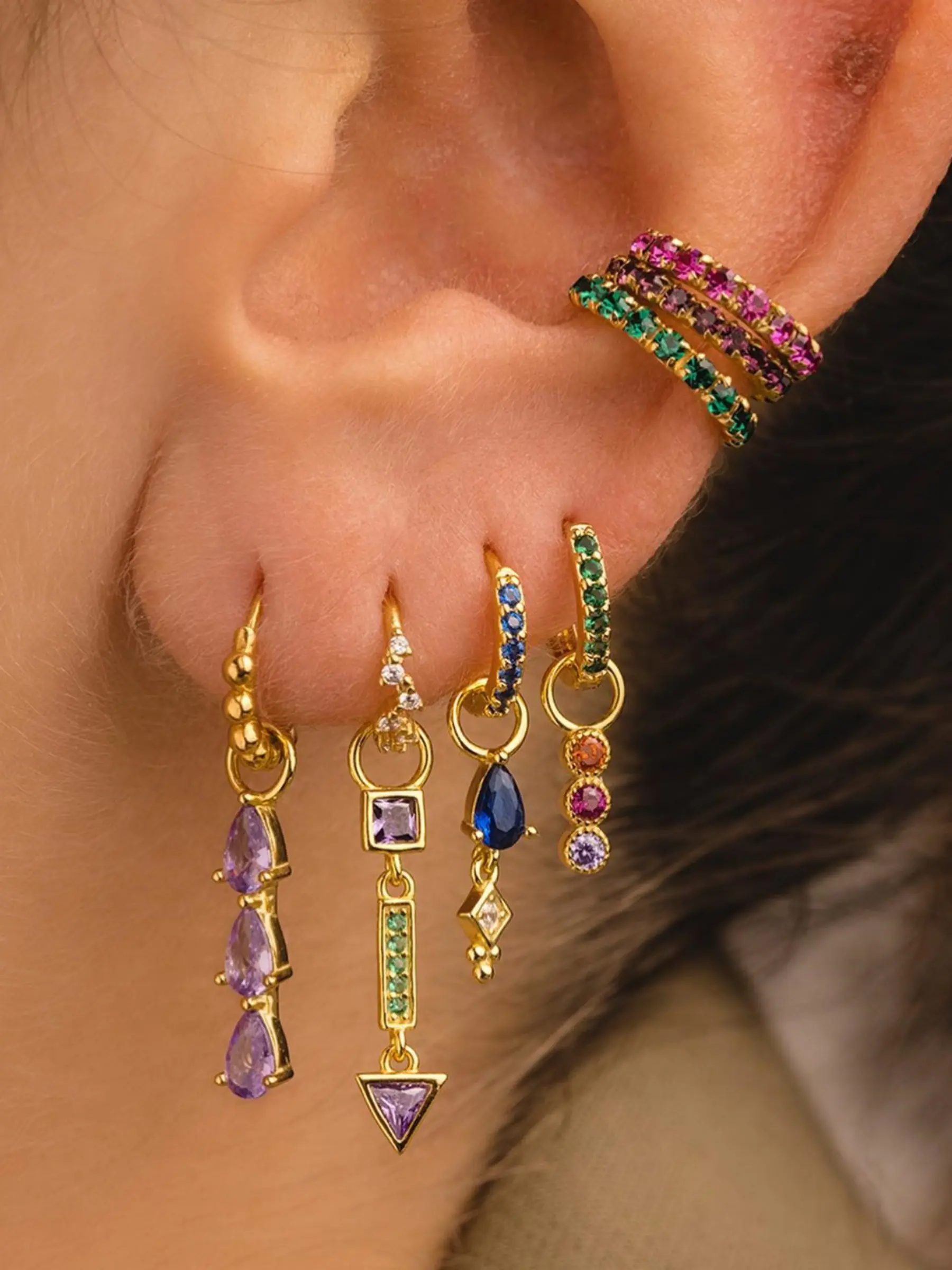 7pcs/set Delicated Colorful Rhinestone Clip Drop Earrings Set, High Quality Copper Style Studs,  Multicolor Zircon Ear Cuffs, Elegant Women's Jewelry for Daily Wear & Party, Pretty Gift for Her, Fashionable Earrings