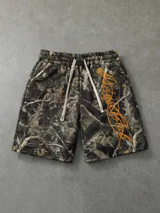 Men's Realtree Camo Drawstring Shorts, Forest Camouflage with Orange Script Embroidery Casual Streetwear Bottoms, Elastic Loose Shorts