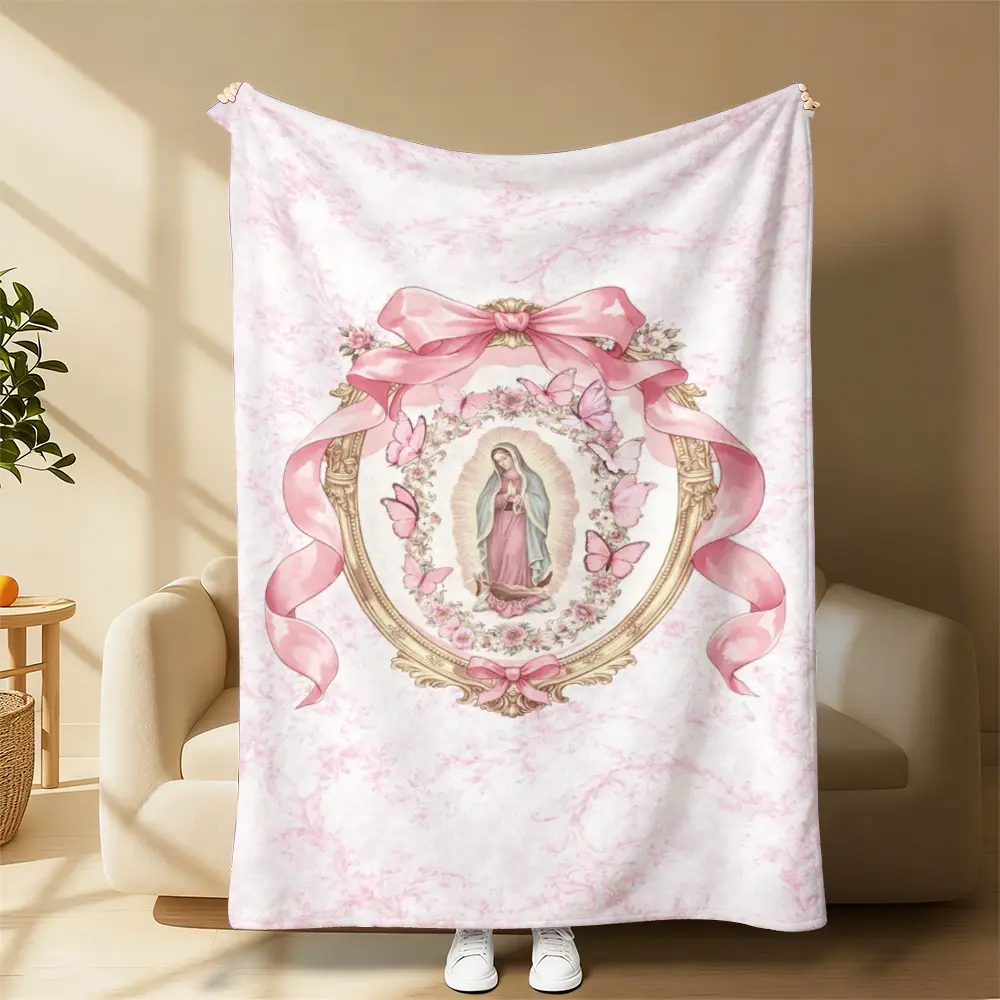 Pink Bow Butterfly Our Lady Of Guadalupe Fleece Throw Blanket - Virgin Mary Floral Frame, Coquette Religious Art, Warm Indoor Room Decor, Catholic Latina Women's Birthday Graduation Gift