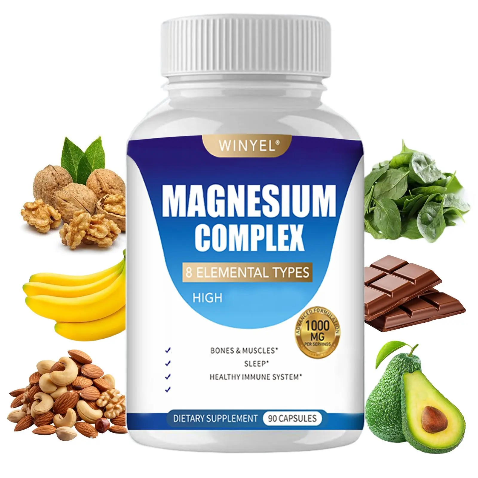 Magnesium Dietary Mineral Complex Daily Dietary Supplement for Adults - Multiple Magnesium Forms, 90 Capsules per HBSS Bottle