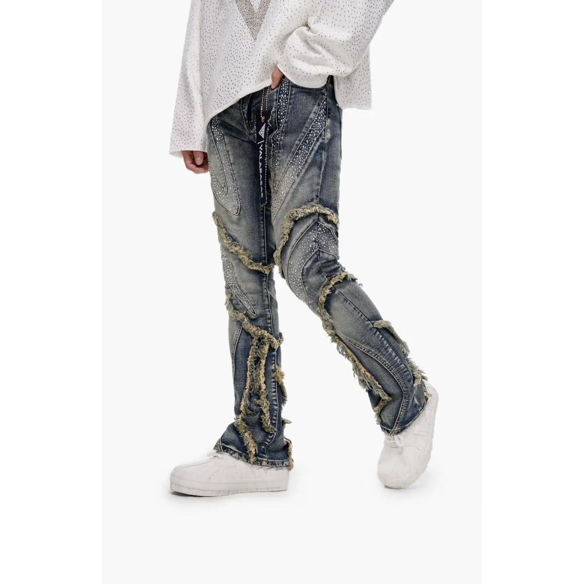 Men's Vintage Blue Wash Stacked Denim Jeans, Menswear Classic with Stretch Fabric and Zipper Closure, Washed, Worn-In Denim, Extended Inseam, Skinny Stack, Long Cut