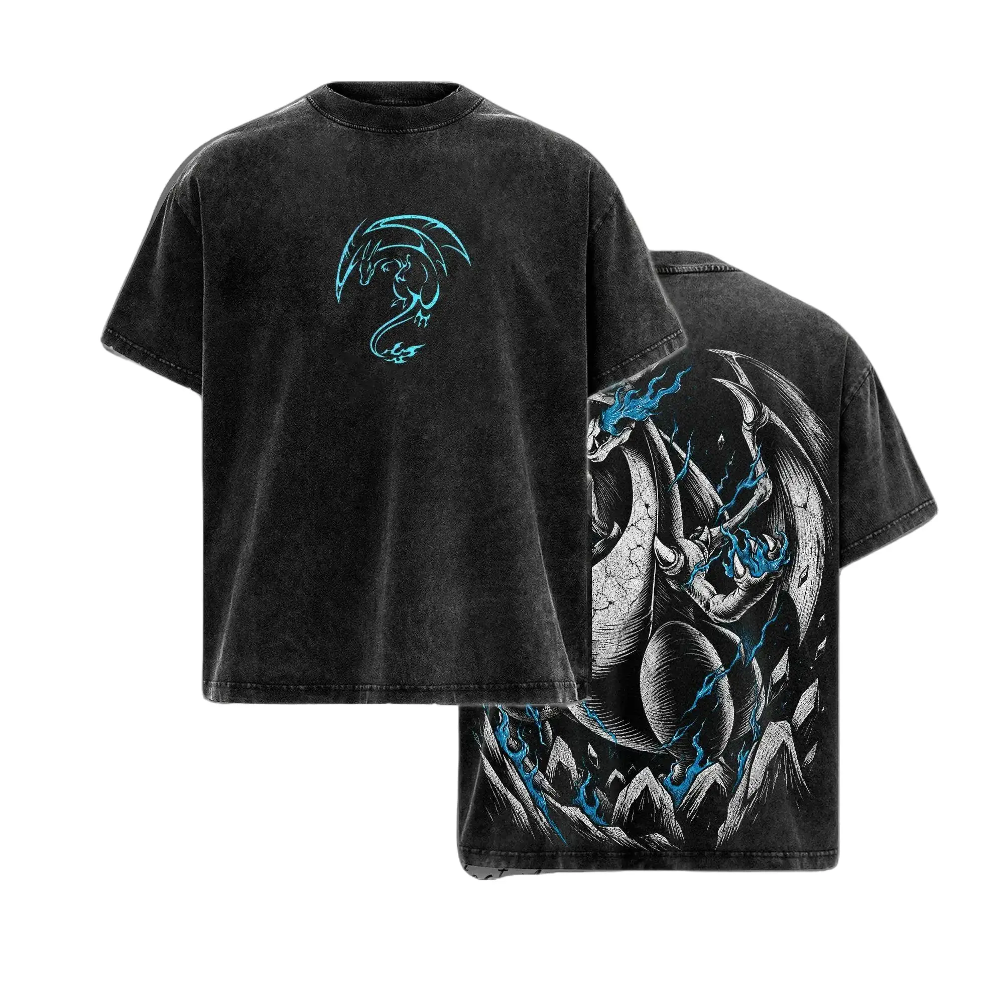 Men's Oversized Anime Graphic T-Shirt 100% Cotton Vintage Washed Edgy Streetwear Gym Tee. Charizard Greninja Lucario Gyarados Monster Collection. Boxy Fit Heavyweight Short Sleeve Y2K Top For Gamers Otaku Casual Wear Dark Aesthetic T-Shirts Men