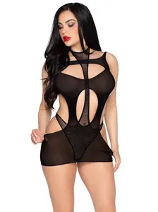 Women's 2-Piece Lingerie for Women Main Stage Outfit Set - Halter Sheer Fishnet Dress, Bodysuit Teddy