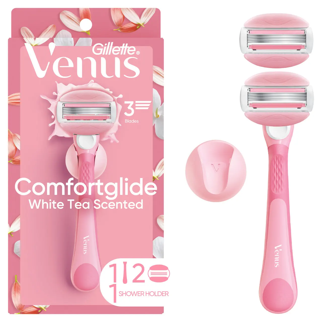Venus Comfortglide White Tea Women's Razor, 2 Blade Refills + Shower Holder
