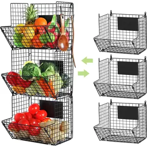 Metal Wire Basket Wall Mount, 3 Tier Wall Storage Basket Organizer with Hanging Hooks Chalkboards, Rustic Kitchen Fruit Produce Bin Rack Bathroom Tower Baskets (Black)