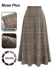 Plus Size Women's Plaid Wool Blend Long Dress, Casual Loose Fit Fashion Daily Commuter High Waist Slimming over Knee A-Line Skirt