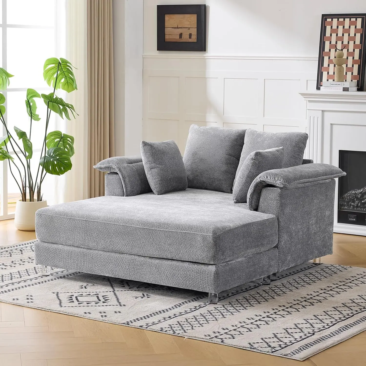 VINGLI Modern Sturdy Couch Chaise Lounge, Upholstered Deep Seat Cushion with Pillow Arms, Rustproof Metal-Acrylic Legs, Iron-Wood KD Frame, Durable Indoor Living Room Accent Sofa