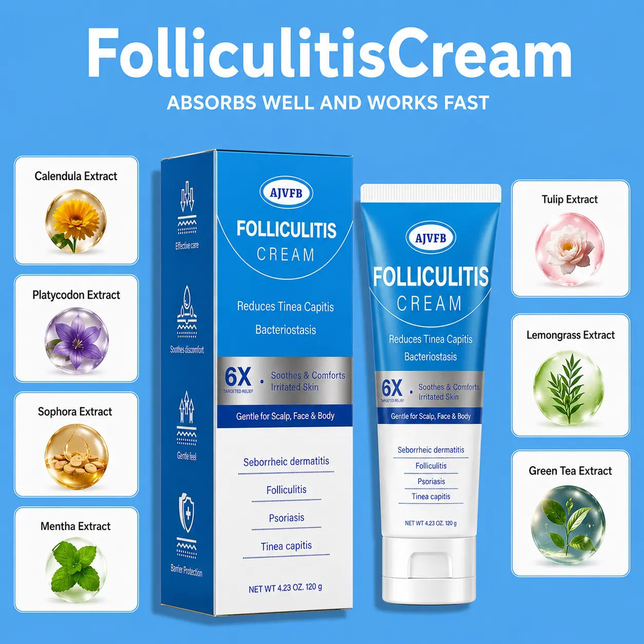 AJVFB Folliculitis Relief Cream 120g - Botanical Scalp, Face & Body Care, Helps Soothe Irritated Skin, Moisturizes Dry Skin, Supports Hair Follicle Care, For Keratosis Pilaris, Rough & Bumpy Skin