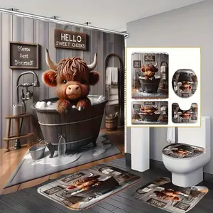 1/4 pcs Highland Cattle Cubs Bathing Pattern Design Shower Curtain Set, Non-slip Floor Mat, U-Shaped Carpet, Toilet Seat Cover, Bathroom Accessory, Perfect for Bathroom, Restroom Decoration, Partition, Comes with 12 Shower Curtain Hooks
