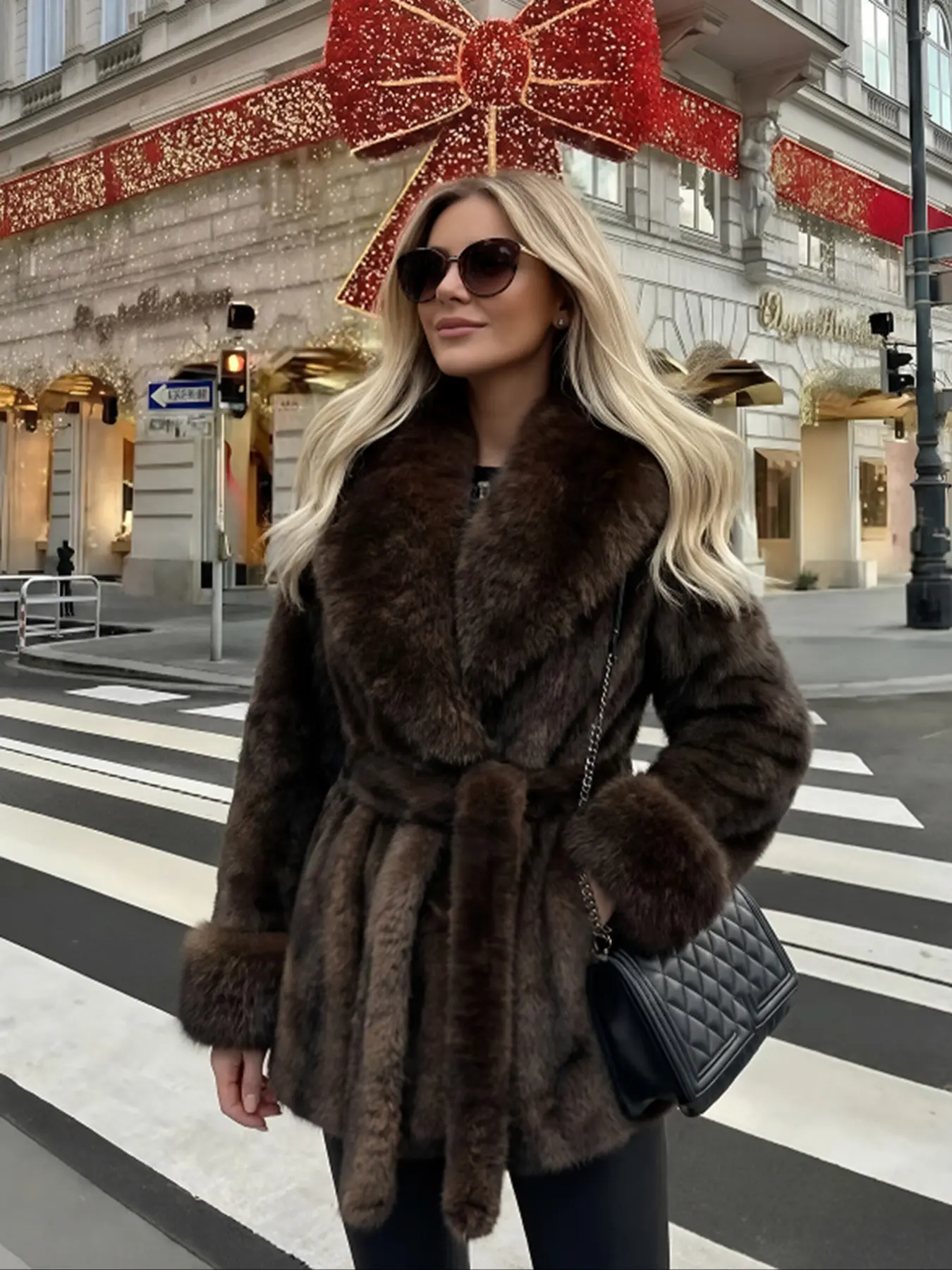 Women's Belted Solid Faux Fur Coat, Jackets, Winter Fashion Long Sleeve Coat with Pocket, Casual Warm Outerwear, Stylish Daily Wear, Perfect for Cold Weather