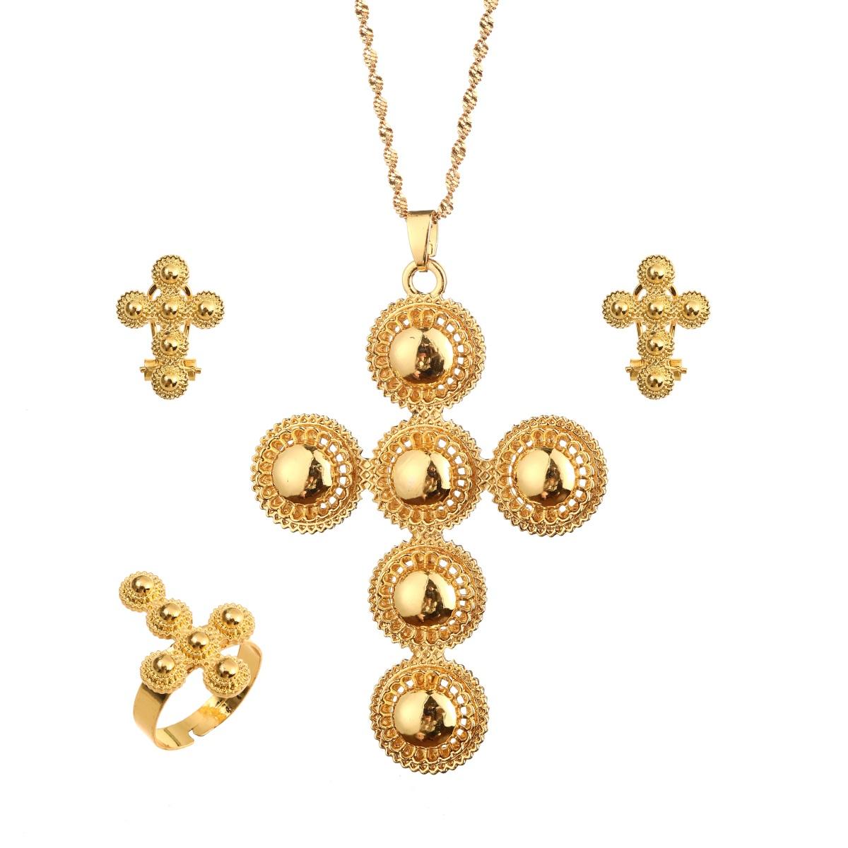 Ethiopian Gold Jewelry Set | Habesha Pendant, Earrings & Ring