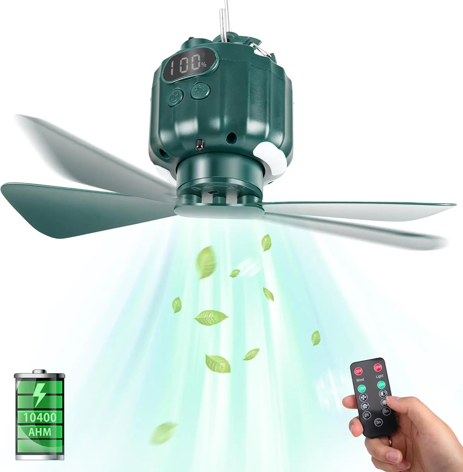 Tent Fan for Camping, 10400mAh Portable Hanging Fan with LED Light & Remote Control, USB Rechargeable Ceiling Fan for Canopy Tent, Beach & Outdoor Use