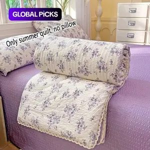 Purple Rose Floral Lace Trim Summer Thin Quilt, Lightweight Quilts, Ultra-soft Skin-friendly Air Conditioning Quilt, breathable Summer Cooling Blanket Suitable for Bedroom, Office, Bed, Living Room & Home Leisure Use, Floral Print Quilt #GLOBAL PICKS