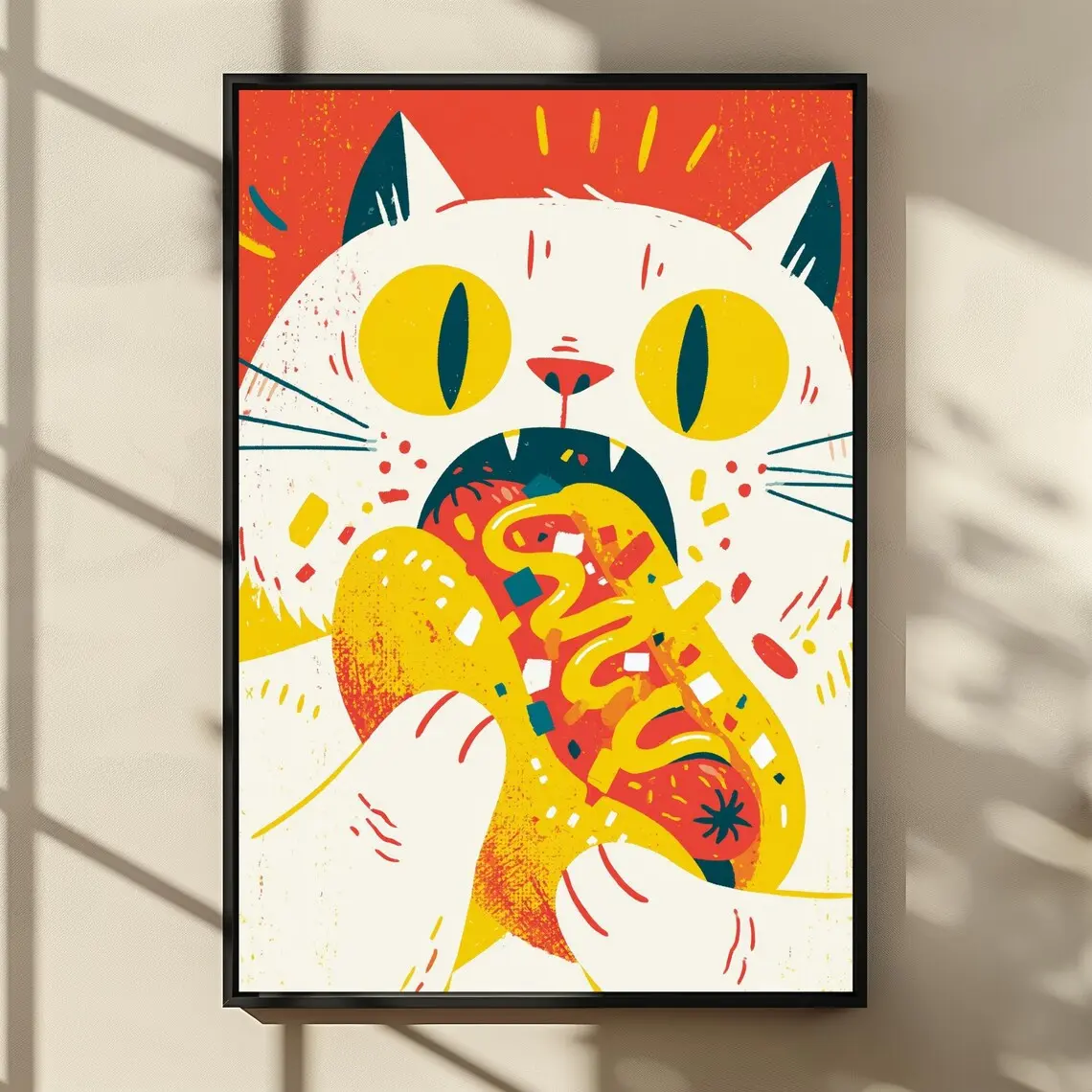 [No Frame] Funny Cat Eating Hot Dog Poster, Retro Pop Art Kitchen Decor, Quirky Feline Food Illustration, Vibrant Colorful Humor Wall Art