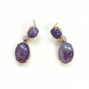 Natural Amethyst Oval Drop Earrings | Cleanses negative energy, eases anxiety & balances mood. Perfect for daily commutes, dates & dinners. Ideal Mother’s Day/birthday gift — thoughtful & luxurious healing earrings for besties & girlfriends