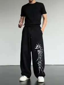 Men's Casual Sporty Long Pants, Skeleton Pattern Print, Drawstring Wide Leg, Loose-Fitting, All Seasons, Men's Fashion, Sports Casual Pants