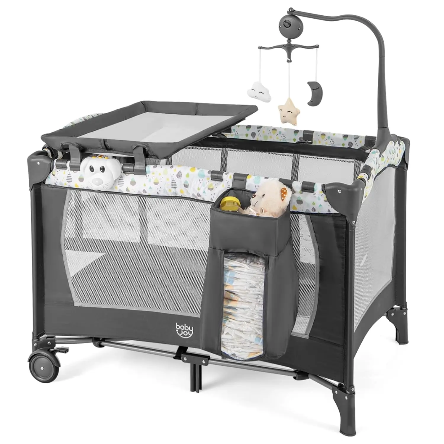 3 in 1 Pack and Play, Portable Baby Playard with Bassinet, Changing Table, Lockable Wheels, Glowing Music Box, Travel Baby Crib Bassinet Bed from Newborn to Toddler