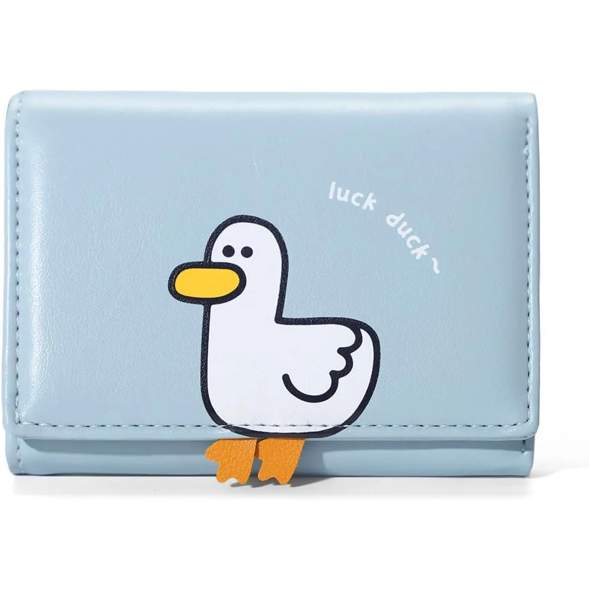 Kids' & Women's Minimalist Japanese Tri-Fold PU Leather Wallet, Cute Graphic Duck Print Organizer with Velcro, ID Window, 3D Accent (Great for Mother's Day Gifting), 3D Feet Patch