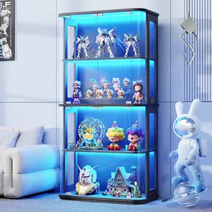 MIIFUNY 65" Rounded Display Cabinet with Glass Door, 4-Tier Curio Cabinet with Transparent Full-Display Surface for Collectibles, Glass Display Case with 3 Color Lights, Human Body Sensor, Black