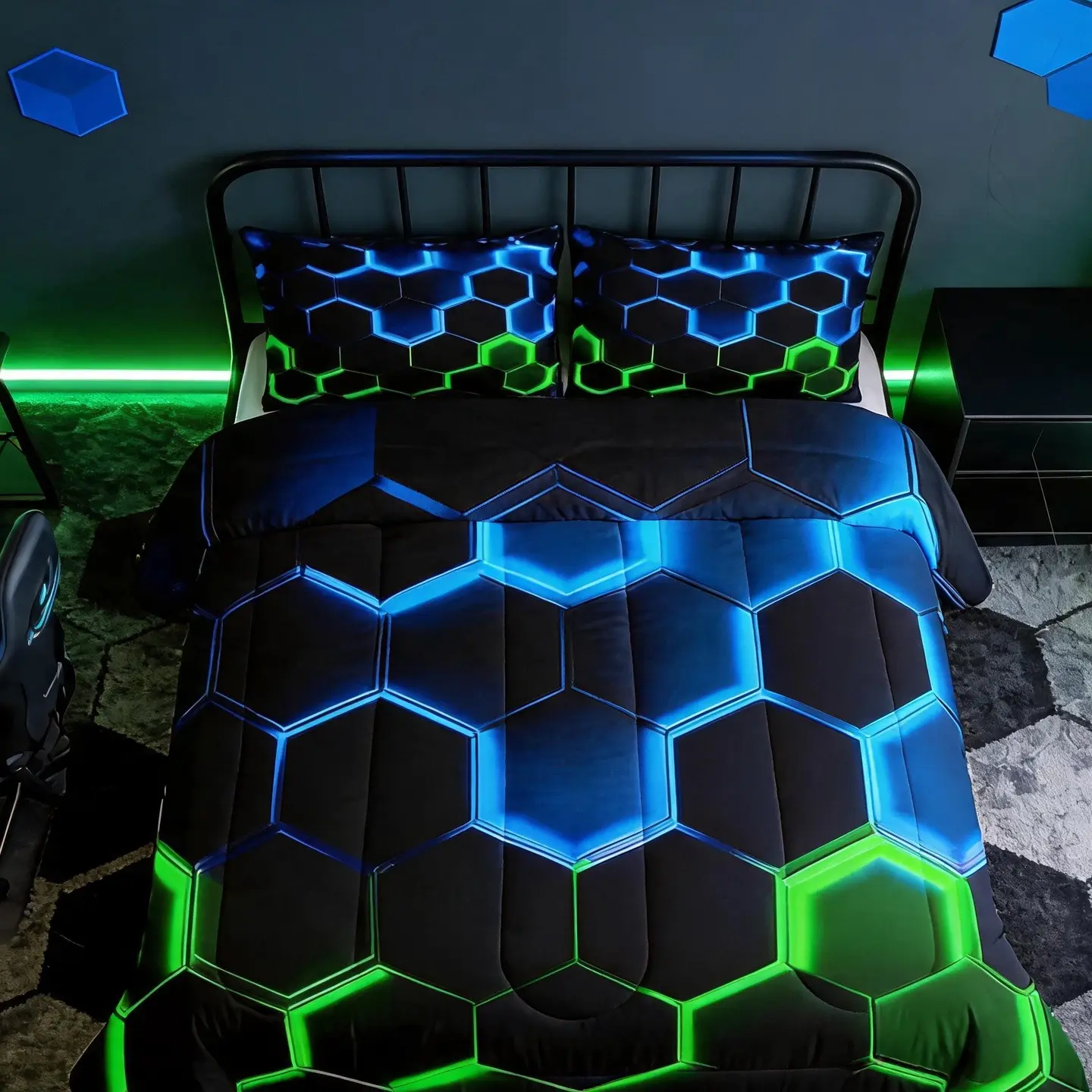 Feelyou Queen Size Geometric Comforter Set - Neon Hexagons Honeycomb Bedding, Breathable Polyester Fiber Fill Quilt, Lightweight Warm, Set Includes Multi-Size Options, Travel Friendly Easy to Carry for Teen Boys, Casual, Bedroom