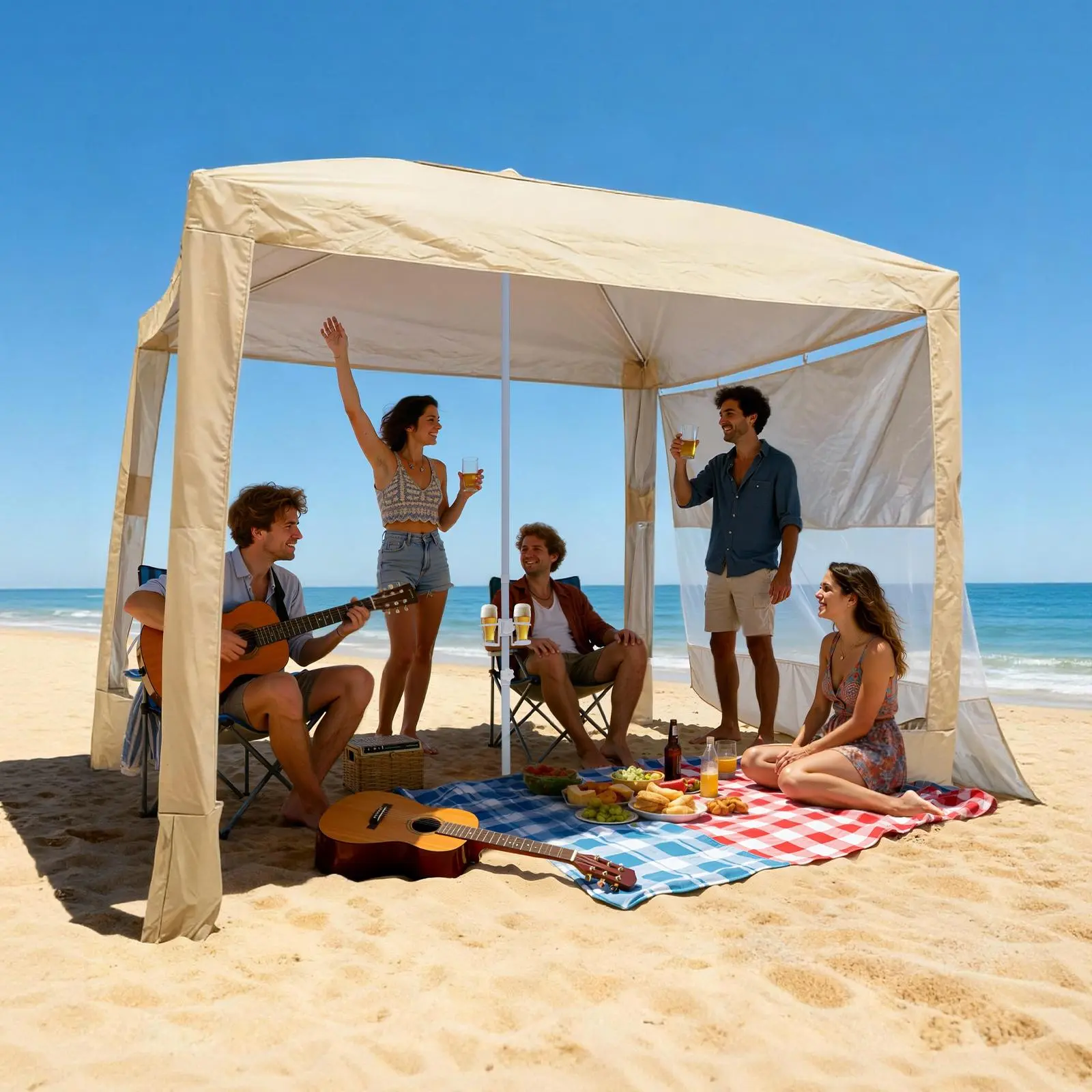 VEVOR 8x8 ft Canopy with Sidewalls, UPF 50+ Sun-Resist Fabric, Lightweight Camping Shelter, Sand-Pocket Hold, Sandbag Stability, Adjustable Height, Easy Setup, Portable Cool Cabana for Families, Khaki, Carry Bag, Roomy Space, Ideal for Beach/Camping, Shad